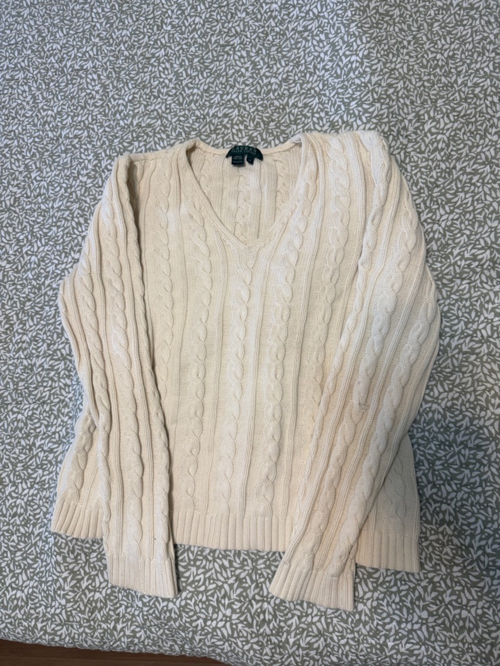 Lauren Ralph Lauren Ivory Cable-Knit V-Neck Sweater